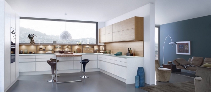 exemple de cuisine en u moderne avec large fenêtre et espace libre, idée éclairage sous meuble dans une cuisine contemporaine