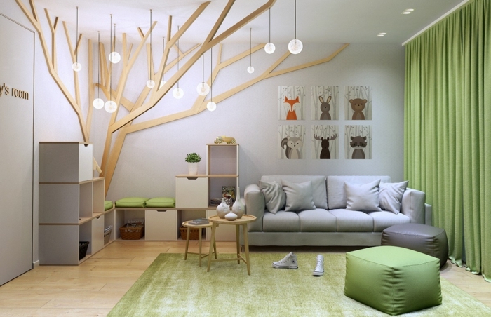 bois décoratif, tapis vert, tabouret vert, sofa gris, étagère sur mesure, tableaux aux motifs scandinaves