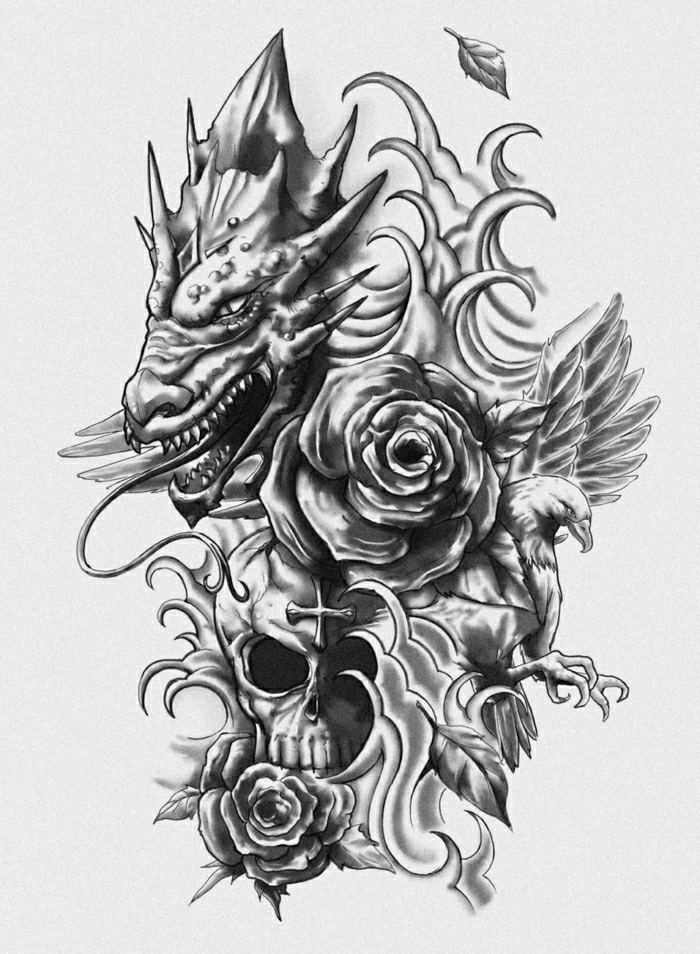 Dessin de tatouage rose et dragon et un crane, originale composition de dessin pour tatouage, dessin de tatouage, tatouage à signification pouvoir