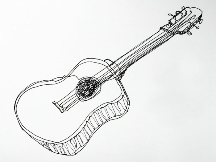 Tatouage guitare dessiné à un ligne continuant, dessin de tatouage, smart idée pour se tatouer un dessin beau pour un musicien ou pour quelqu'un qui aime la musique