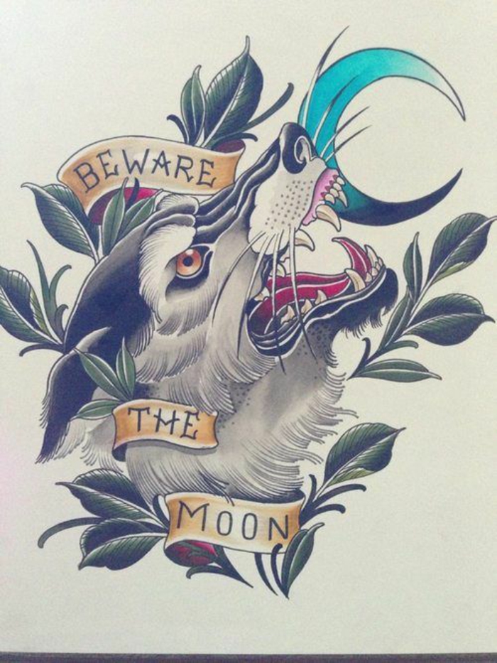 Beau tatouage manchette femme, dessin de tatouage beau et tendance, couleur tatouage loup qui se transforme à la lune