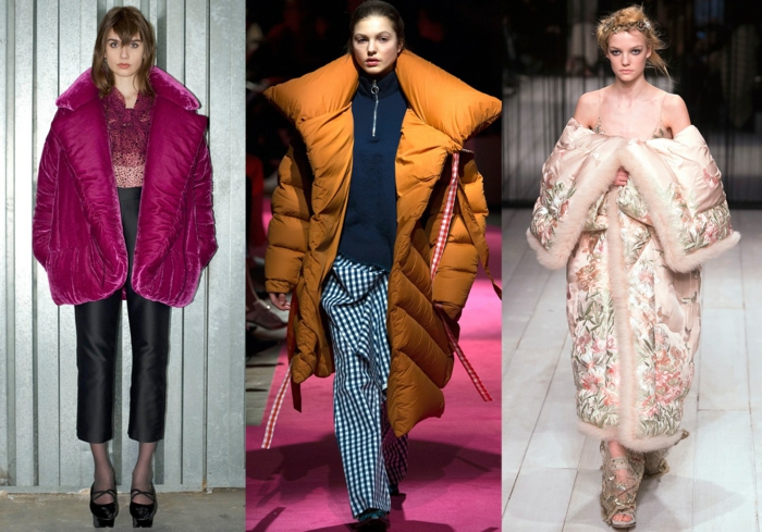 style d'hiver 2018, doudoune femme chaude surdimensionnée, grand col, manteau lilas, ocre, rose brodé