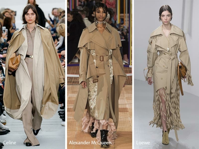 présentation de la collection Alexander McQueen, trenchs beiges, manteaux en blanc cassé et robes à volants