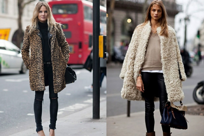 deux femmes en manteaux tendance, manteau léopard, leggings noirs, sacs noirs