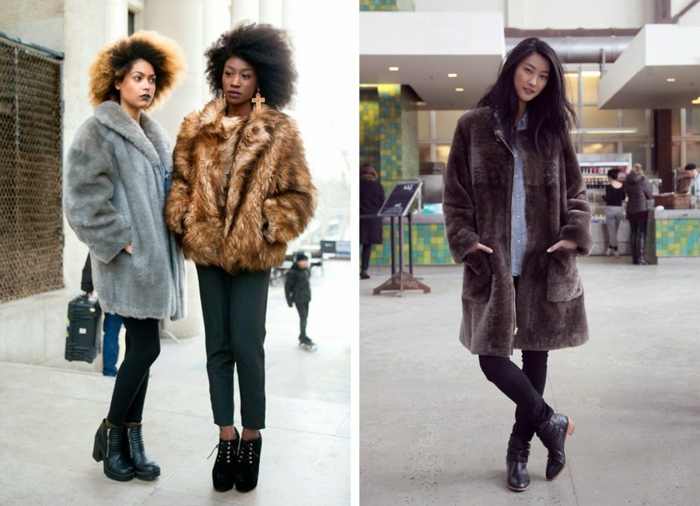 femmes afro, manteaux en fausse fourrure, bottes noires, manteau gris, veste fourrure taupe