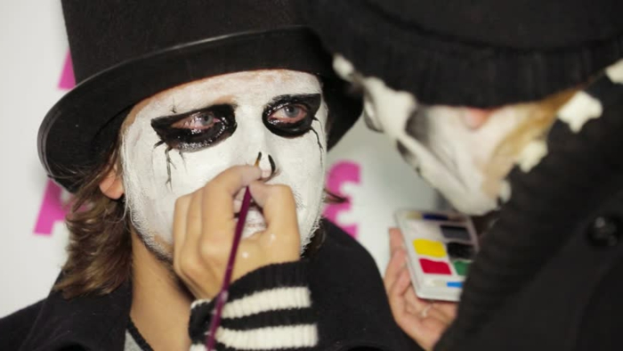visage blanchi et cavités oculaires noires, chapeau cylindre, les étapes pour se faire un maquillage halloween