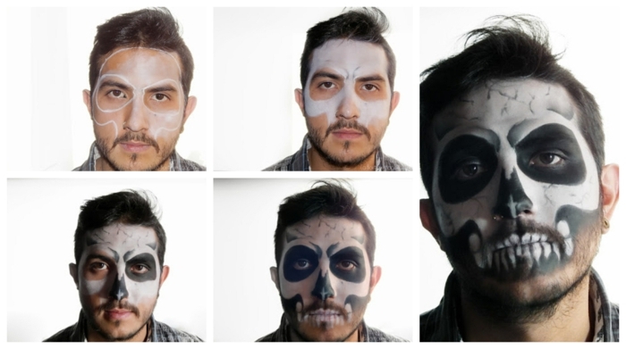 comment se faire un maquillage halloween facile, visage qui fait semblant de tête de mort, peinture sur visage noir et blanc