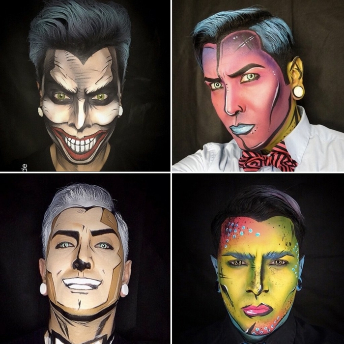 maquillage pop art homme, visages colorés faire semblant des héros de films animés, visages aux couleurs néons
