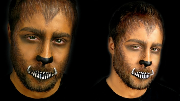 maquillage de halloween loup, dents blanches, nez noir, visage poilu, maquillage halloween facile