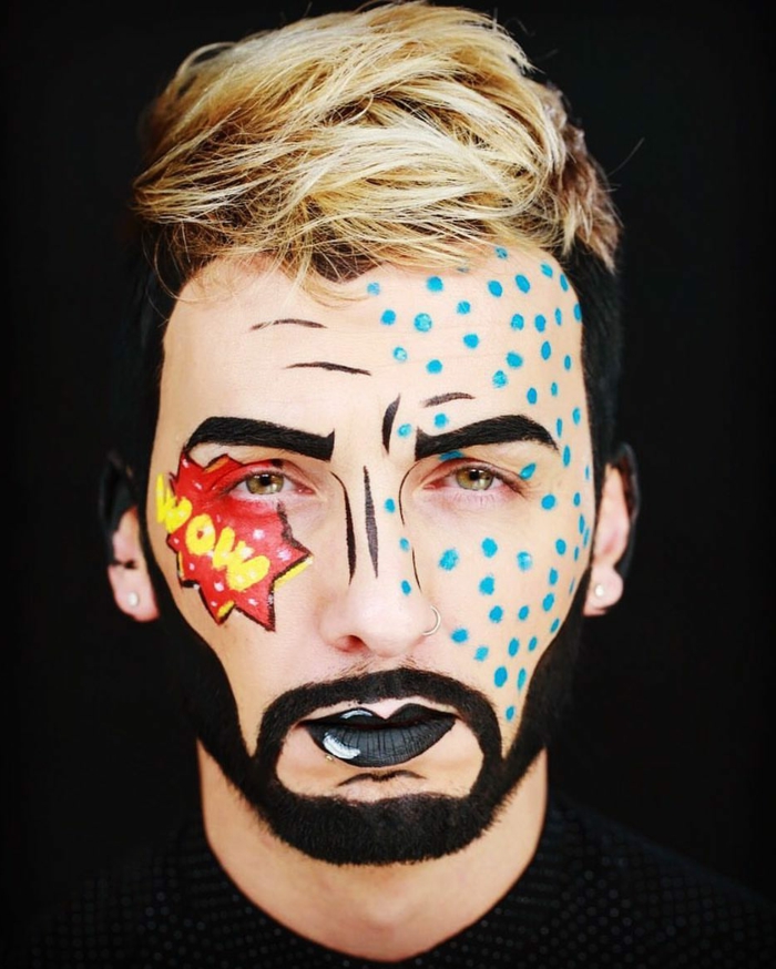 homme au visage peint, maquillage halloween style pop art, cheveux ébouriffés, sourcils noirs, lèvres noires, script amusant