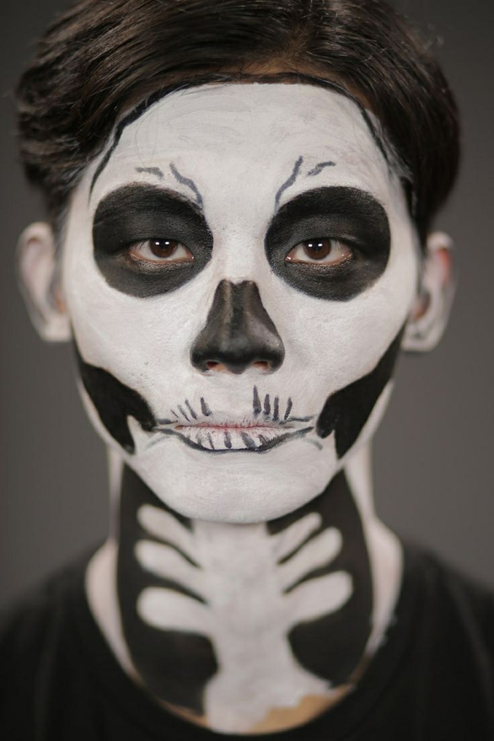 jeune homme avec un maquillage halloween simple, cavités oculaires noires, nez noirci, ombres noires aux pommettes 