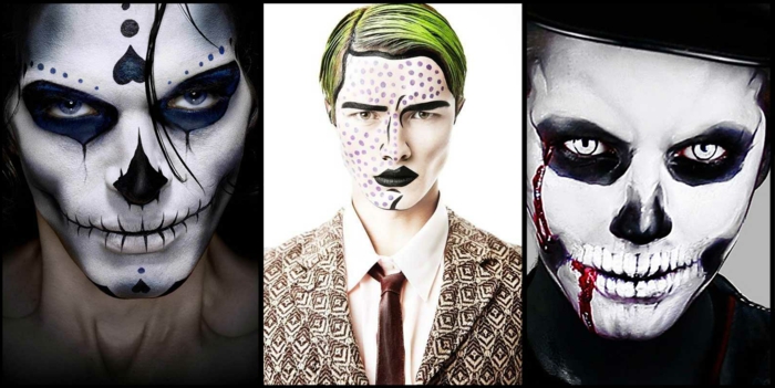 maquillage pop art pour homme, visages bizarres, peinture visage originale, cheveux peints, ombres noires