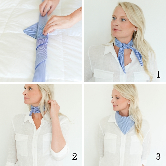 technique nouage foulard autour du cou, idée accessoire femme, exemple comment mettre un foulard autour du cou