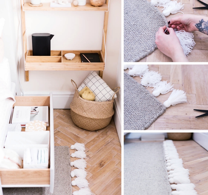 exemple comment customiser facilement un tapis en pompon ou tassels, déco style bohème chic dans une chambre ado