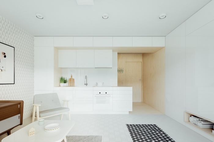 aménagement cuisine ouverte blanche, modèle de petite cuisine blanche à style minimaliste, idée cuisine ouverte