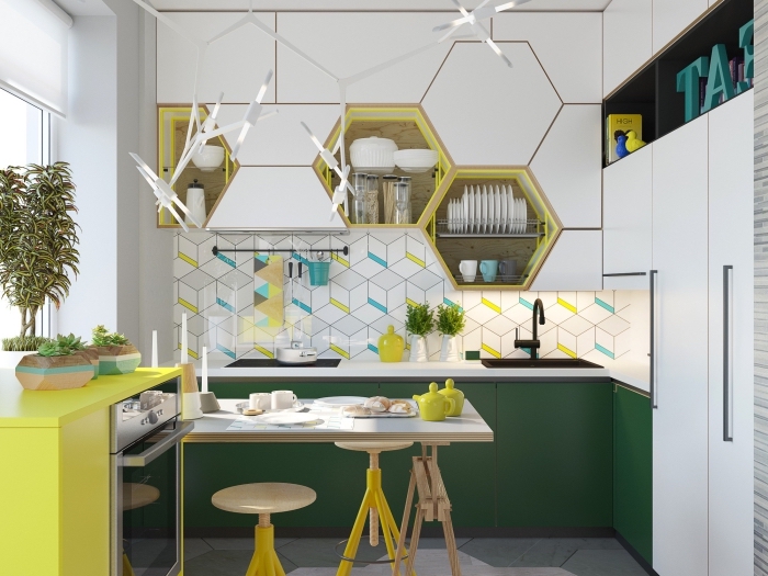 design intérieur contemporaine dans une petite cuisine blanche avec accents coloris, idée credence cuisine au carrelage