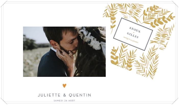 exemple de faire-part de mariage original avec photo paysage et petit coeur doré, invitation mariage classique à motifs feuilles dorées