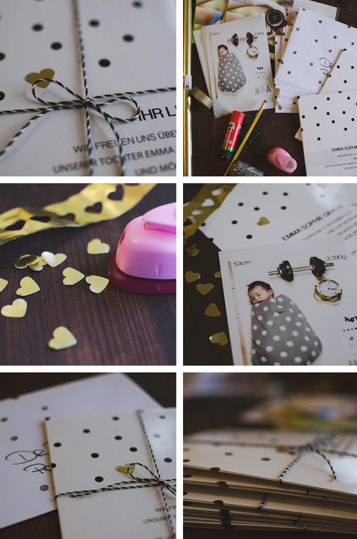 étapes à suivre pour faire un joli faire part naissance créatif avec enveloppe personnalisée et stylée en polka dots et coeurs dorés