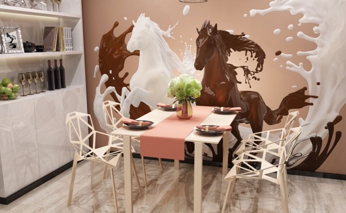 comment décorer les murs dans une cuisine avec coin repas, exemple de mur habillé en papier peint à effet 3D