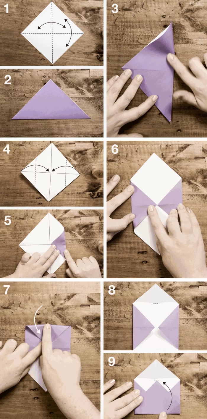 comment faire une enveloppe en papier en forme de noeud papillon, les étapes de pliage origami en photos
