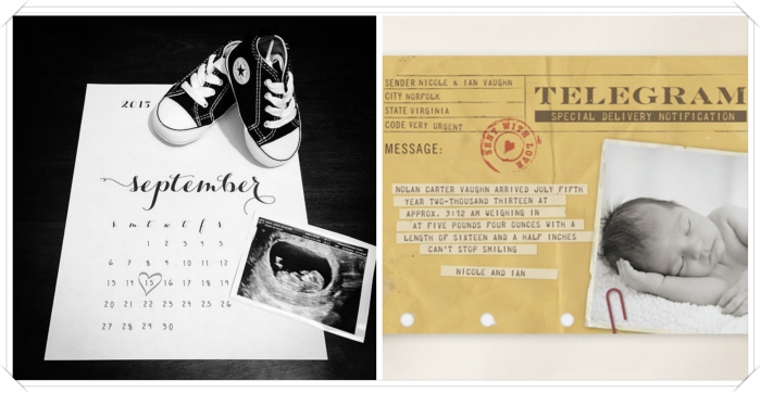 exemple de faire part naissance fait main, calendrier annonce bébé, enveloppe personnalisée pour annoncer la naissance de bébé