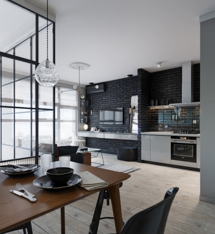 comment décorer un mur dans la cuisine, exemple de cuisine moderne en noir et gris avec parquet bois clair