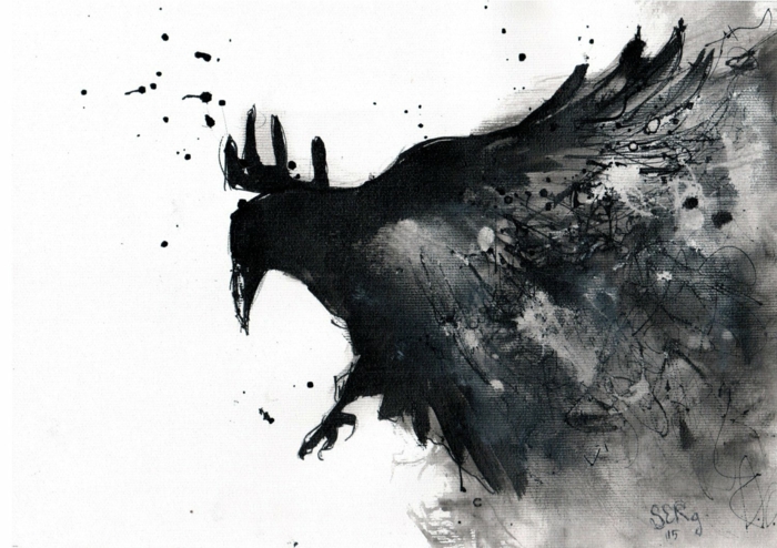 Crayon fusain dessins au fusain, dessin noir et blanc facile a reproduire, art abstrait animaux corbeau dans l'ombre de ses ailes