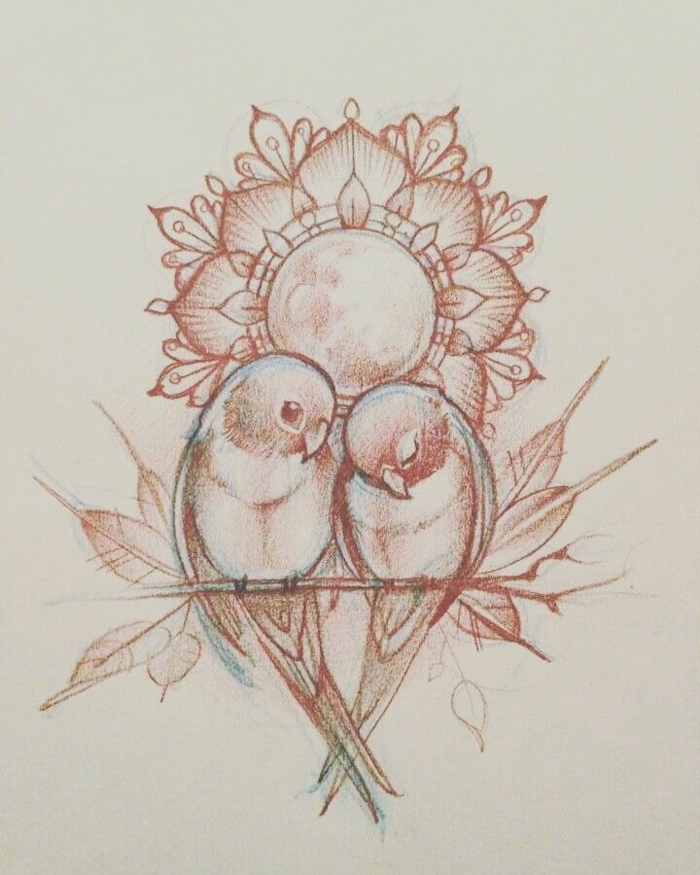 Oiseaux amoureux sur un branche, mandala tatouage posé comme un soleil, photo d un dessin à utiliser pour son tatouage beau sur la peau