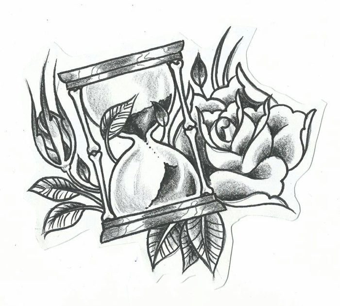 Faire un dessin pour un tatouage, dessin au fusain pour débutants a la nature morte, dessin de rose et de sablier