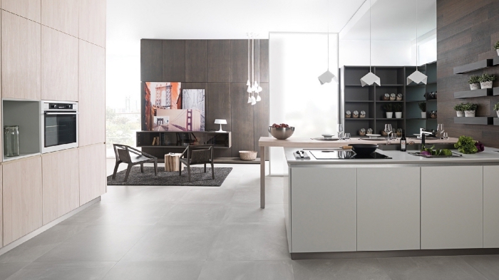 design intérieur moderne dans une cuisine spacieuse, idée cuisine avec carrelage porcelanosa, déco avec lambris mural