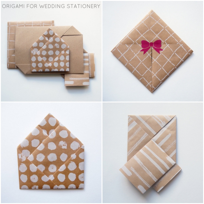 jolie papeterie de mariage originale en papier kraft, pliages origami enveloppe de formats et de tailles variés