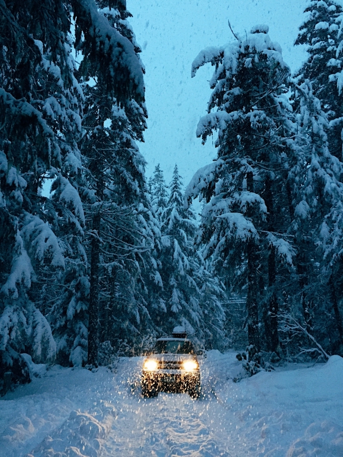 paysage hiver dans une forêt enneigée, idée wallpaper iphone gratuit sur le thème neige, photo voiture dans une forêt couverte de neige