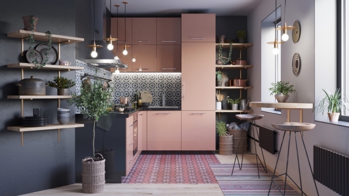 meuble rangement cuisine avec étagère bois flottante, idée couleur foncée sur mur dans une cuisine contemporaine