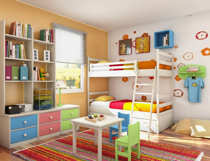 organisation des petits espaces, petite chambre pour deux enfants, lit mezzanine, bibliothèque enfant, mur beige