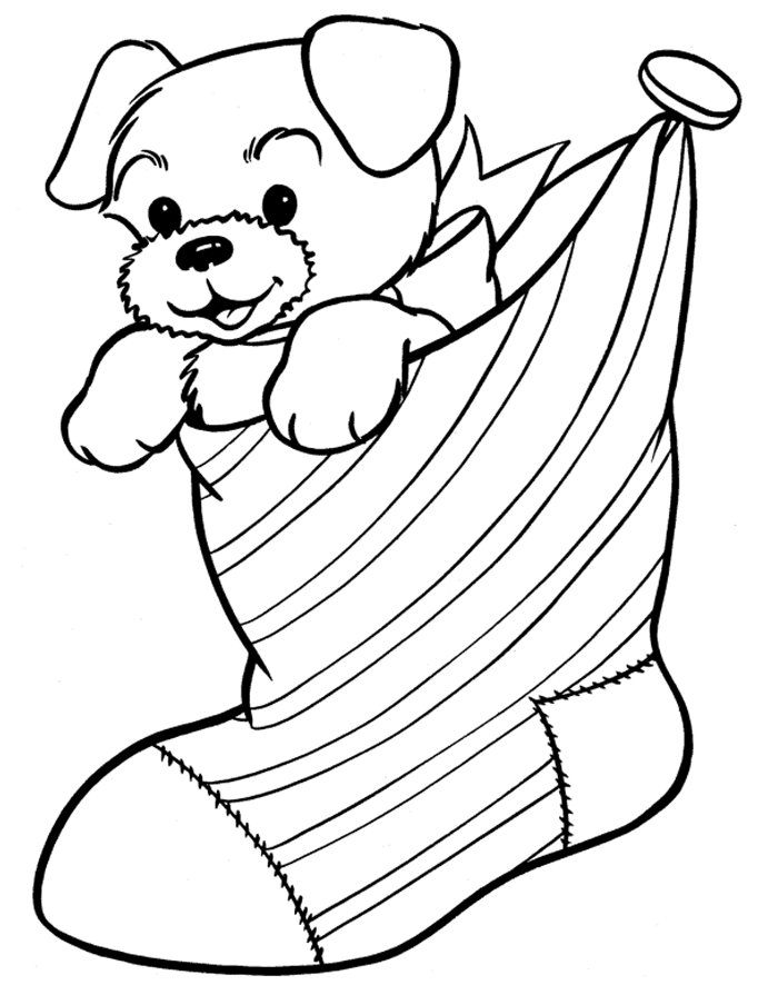 dessin à imprimer pour coloriage noel enfants pour activité de vacances maternelle avec chiot dans chausson