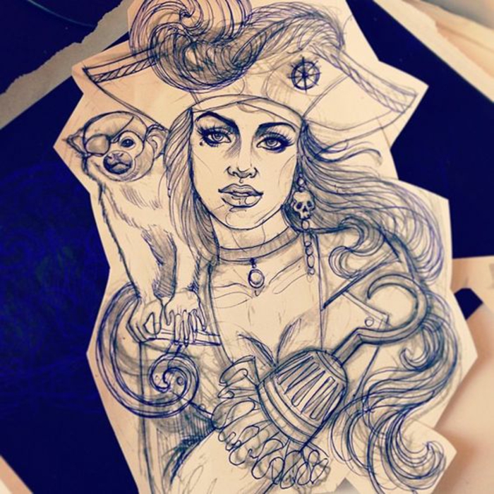 Idée de tatouage femme, tatto abstrait ou realiste, choix de tatouage pour femme, tatouage portrait de femme pirate