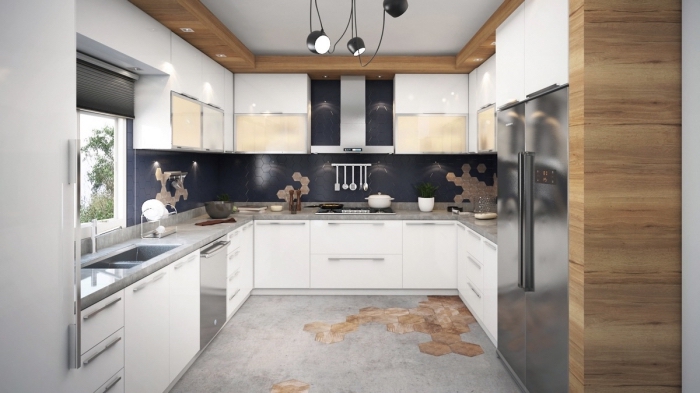 modele de cuisine moderne en couleurs neutres et accents en bois, exemple de cuisine en U avec meubles à design verre