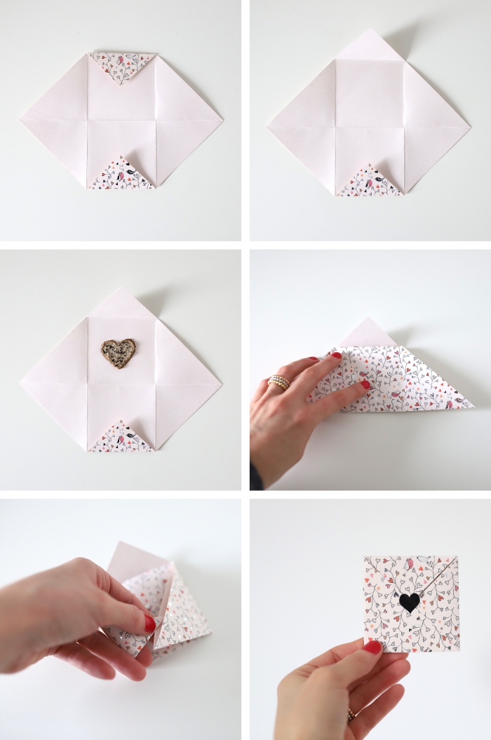 comment faire une enveloppe avec une feuille carrée imprimé bucolique, petite enveloppe carrée diy qui accueille un coeur avec graines à planter