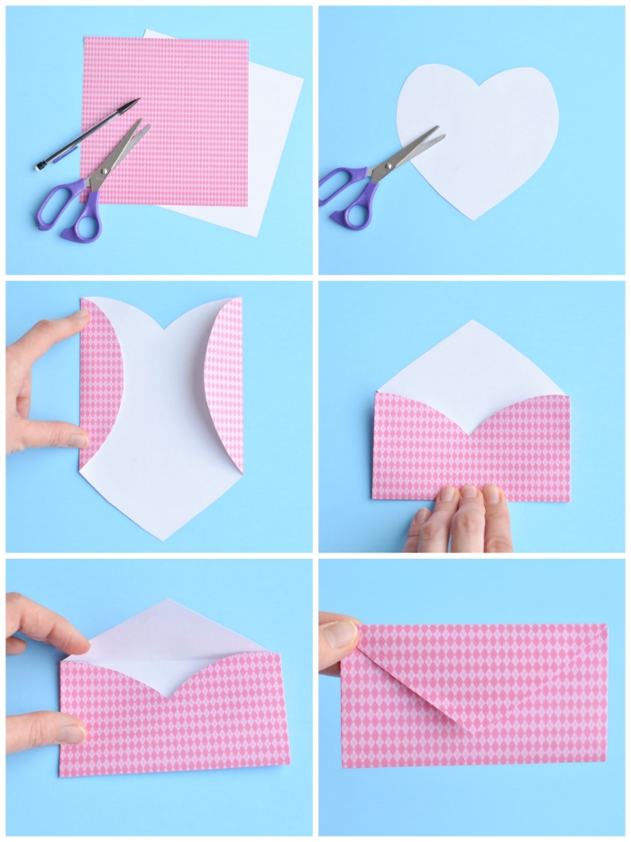 comment faire une enveloppe avec une feuille découpée en forme de coeur, enveloppe diy pour y glisser un petit mot d'amour