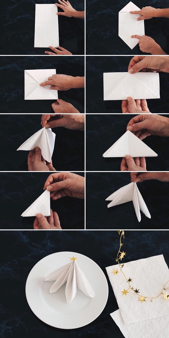 idée tuto pliage serviette papier facile, loisir créatif avec art origami, comment plier une serviette pour la fête de noel