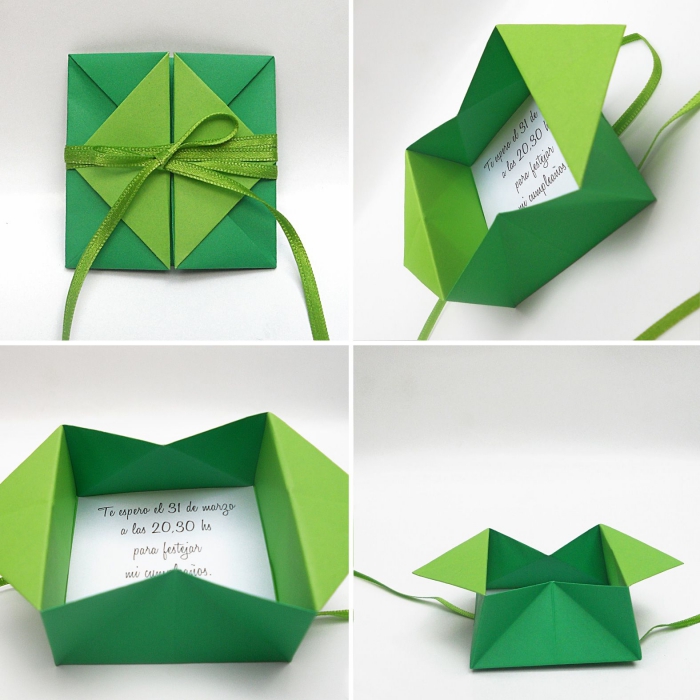 jolie boîte-enveloppe en origami qui cache à l'intérieur un faire-part de mariage, papeterie de mariage origami