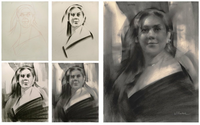 Dessin pour debutant art digital, dessin noir et blanc facile, technique pas a pas portrait de femme