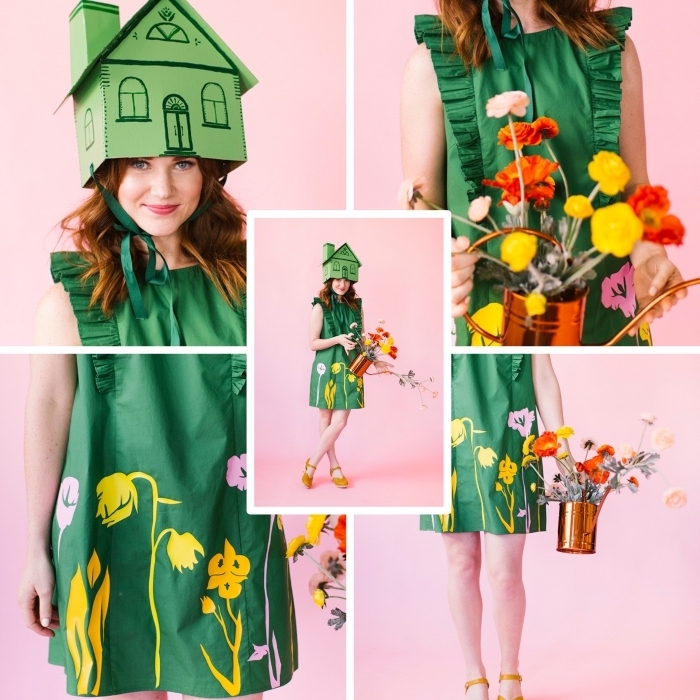 exemple de deguisement a faire soi meme facile, costume vert DIY en robe et chapeau en carton à design maison verte