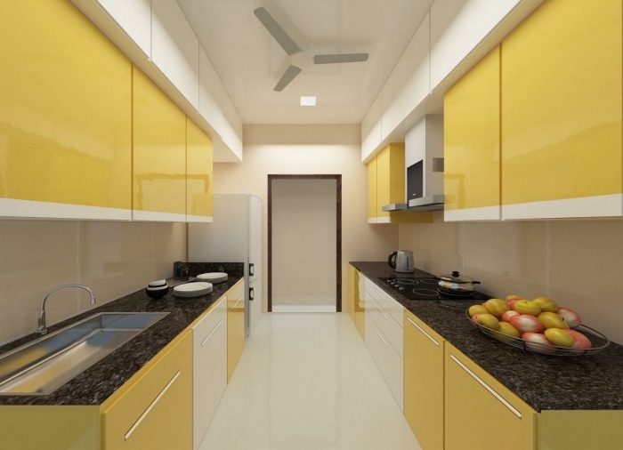 exemple quelles couleurs dans une petite cuisine, modèle cuisine face à face, photo cuisine en parallèle blanc et jaune