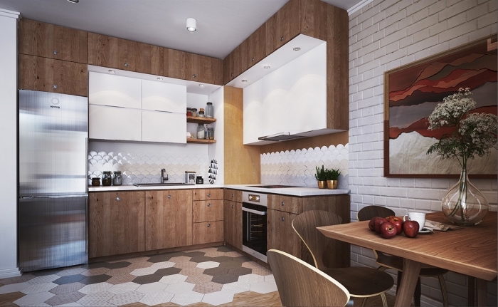 idée comment aménager une cuisine en L, modèle de cuisine d'angle avec meuble rangement ouvert et coin repas