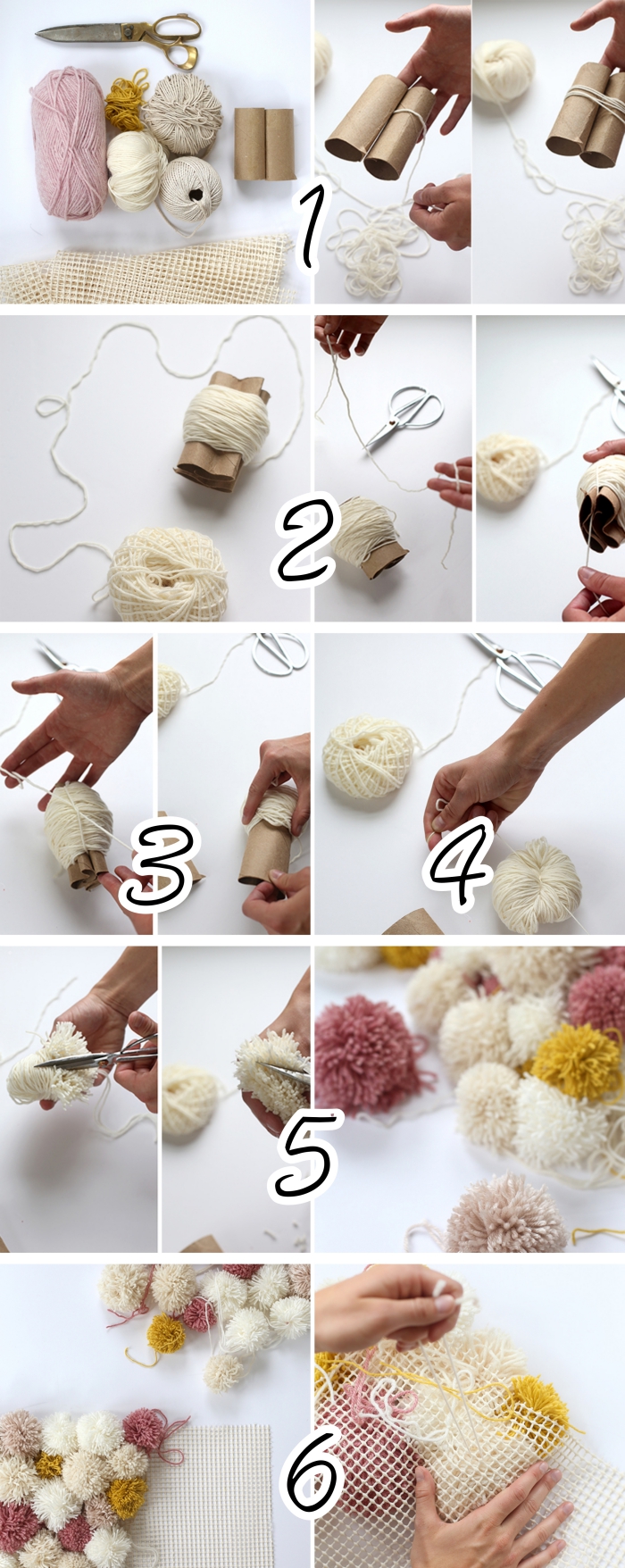 apprendre à faire des pompons, idée que faire avec des pompons, modèle de tapis en pompon en laine couleurs beige et jaune 