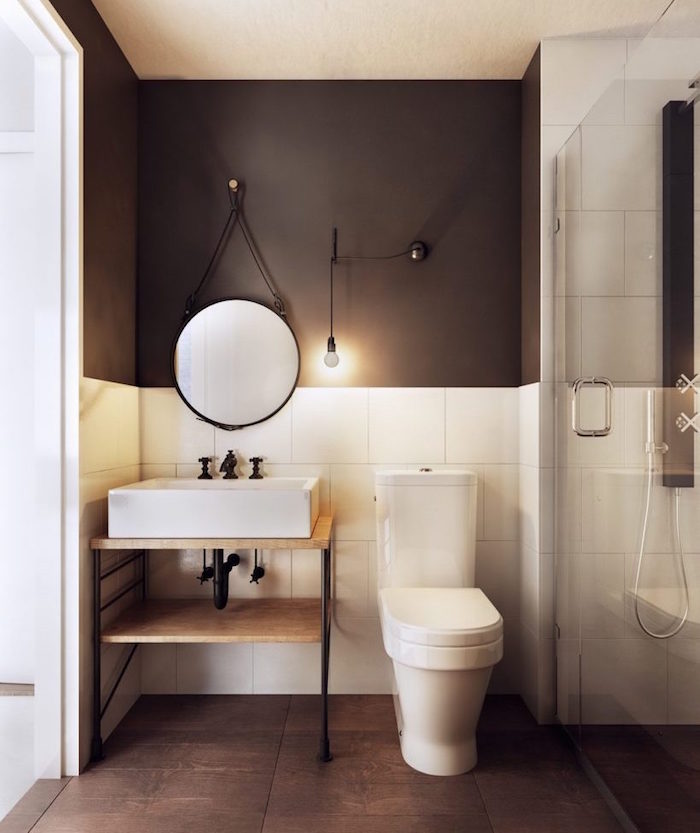 aménager une petite salle de bain avec douche italienne et toilettes et meuble vasque lavabo carré design style scandinave et déco marron blanc