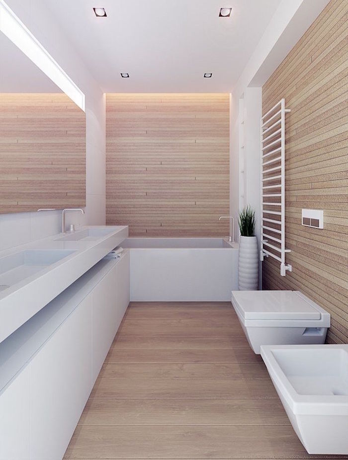 salle de bain style sauna scandinave avec bois sur sol et murs et meubles design minimalistes blancs brillants