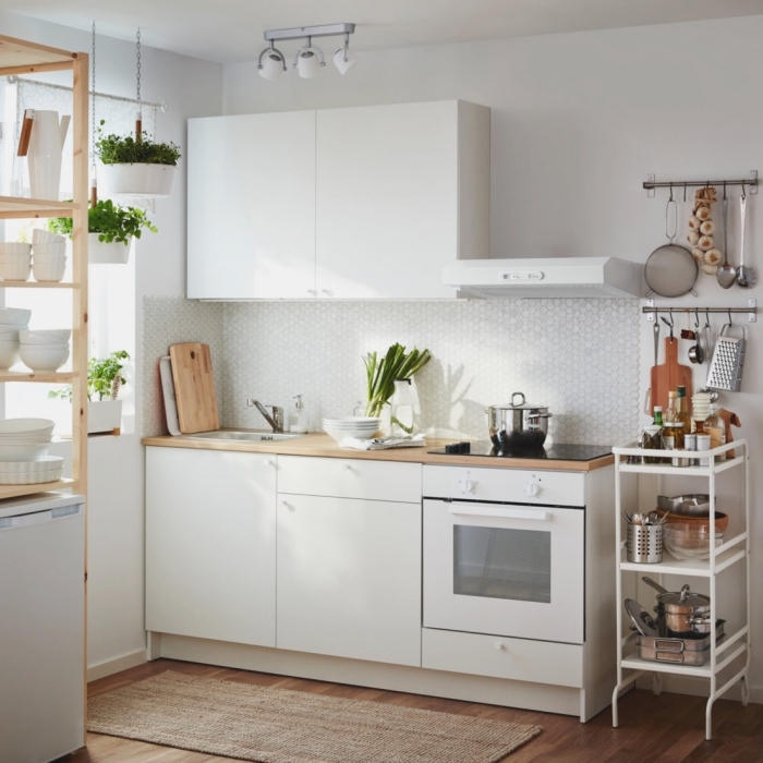quelles couleurs dans une petite cuisine, modèle de cuisine en longueur avec meubles blancs et plan de travail bois
