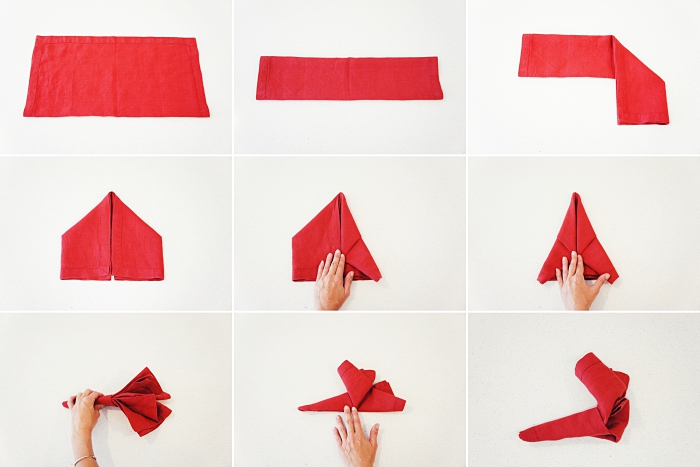 instructions en photo pour réaliser un pliage de serviette en tissu, astuce déco table de Noel avec serviette chausson rouge